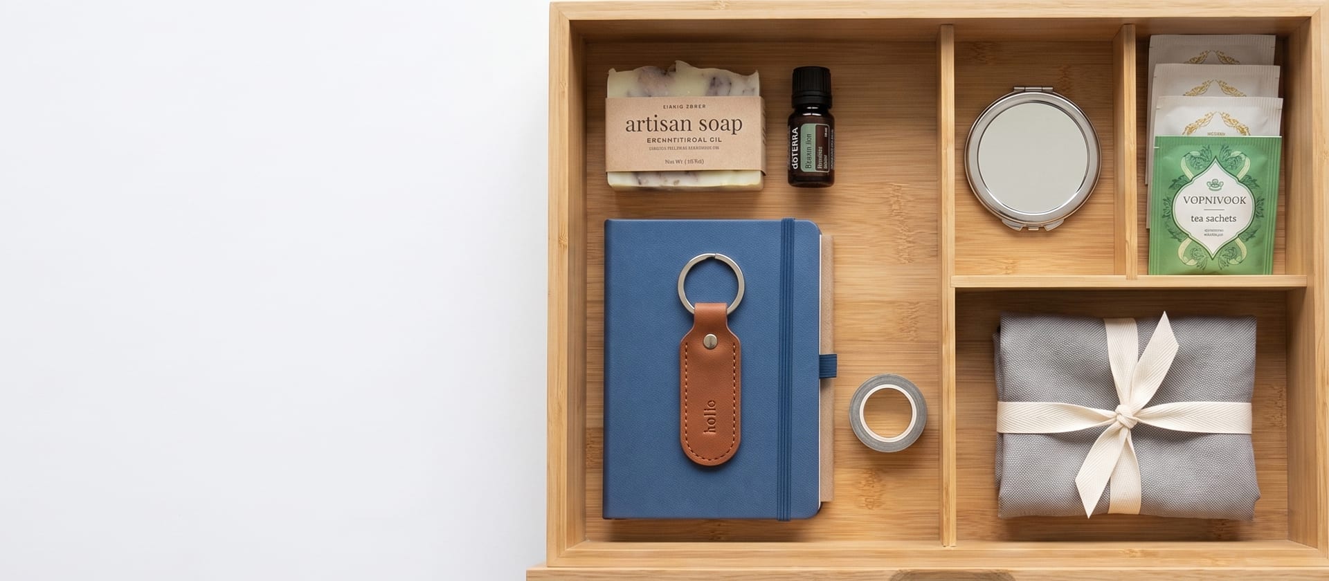 A beautifully organized gift drawer filled with thoughtful everyday essentials in a bright modern home